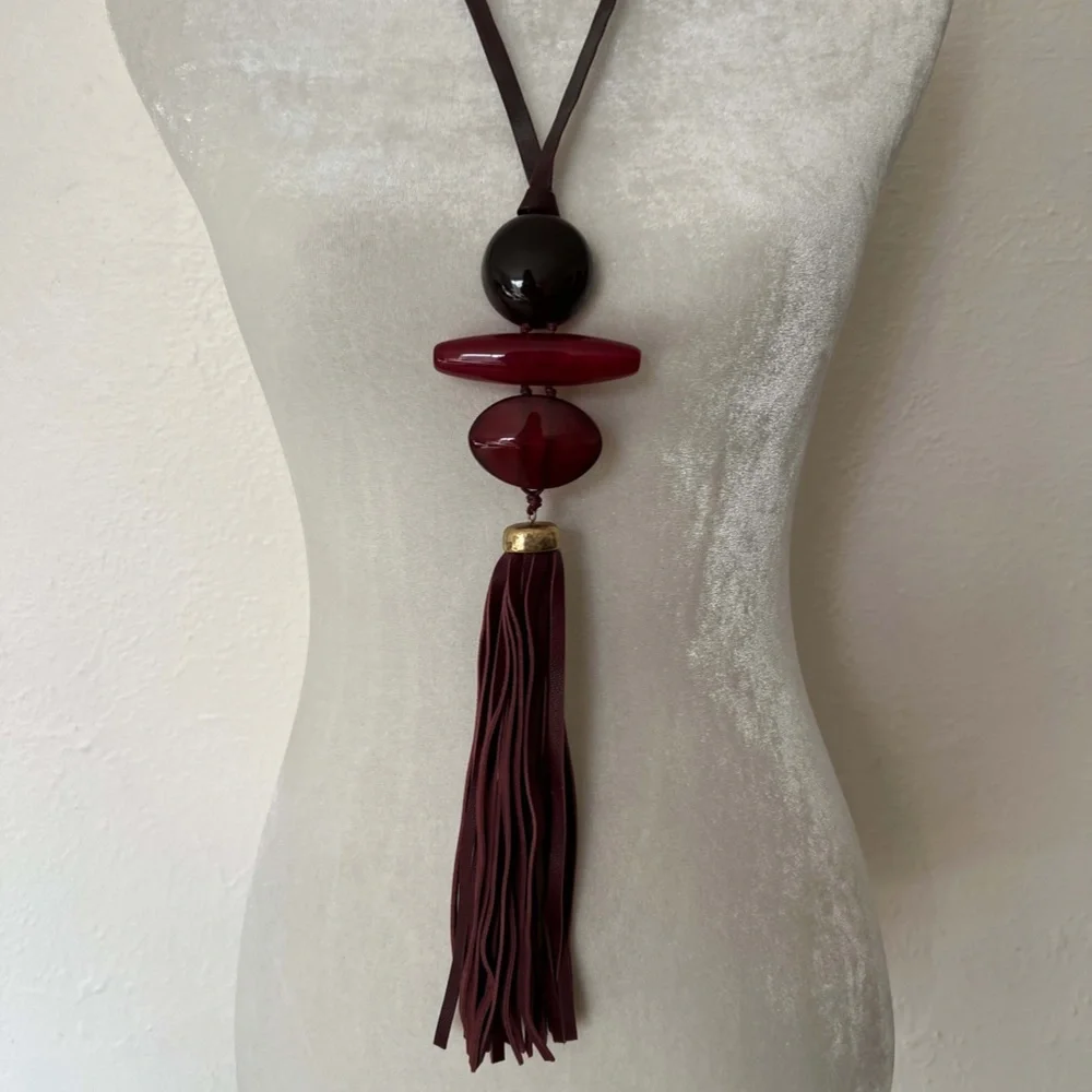 Long Pendant Necklace with Leather Tassel - Picture 5 of 6